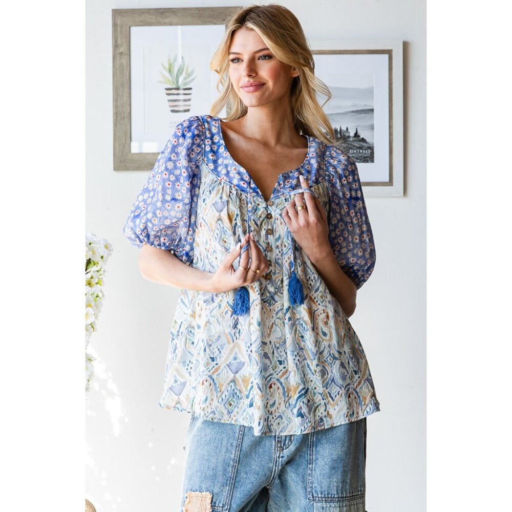 Oli + Hali Floral Mixed Printed Puff Short Sleeve Blouse